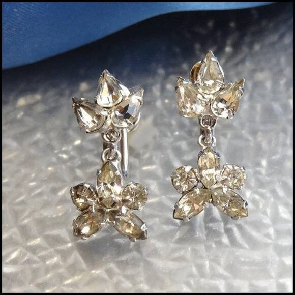 1950s Petite Crystal Sterling Flower Dangle Vintage Earrings - Picture 1 of 6